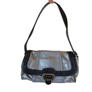 B Makowsky Silver Black Leather Shoulder Hobo Bag Purse Handbag Designer EUC‎